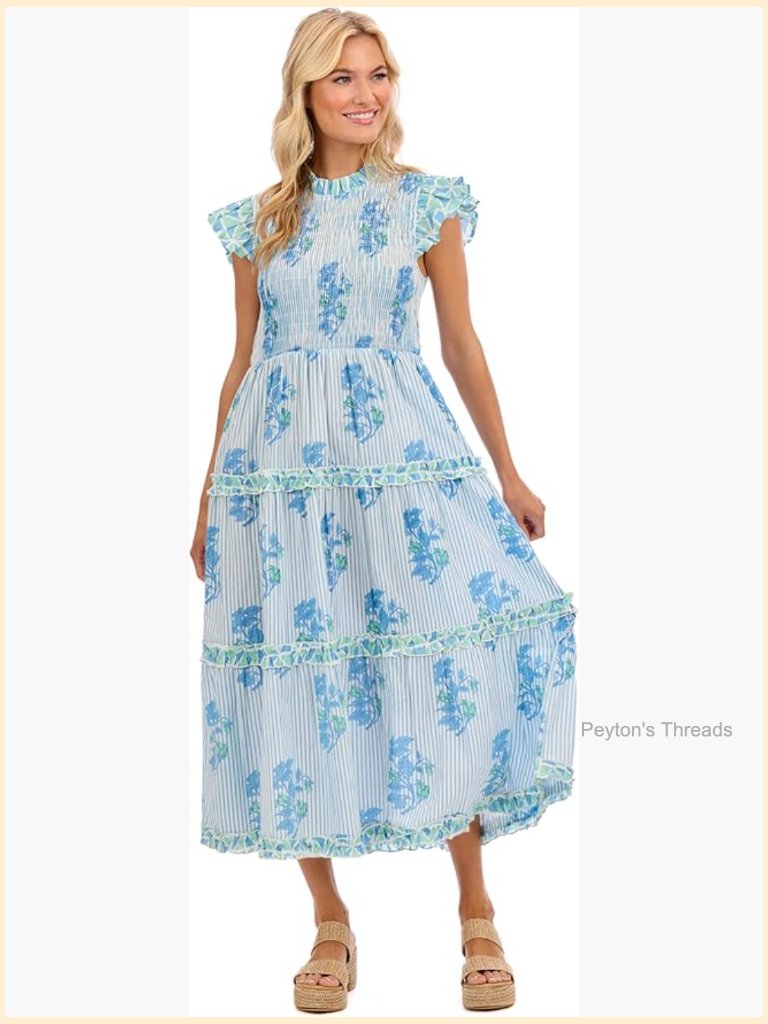 Smocked Midi Dress With Ruffle Shoulders And Tiered Skirt